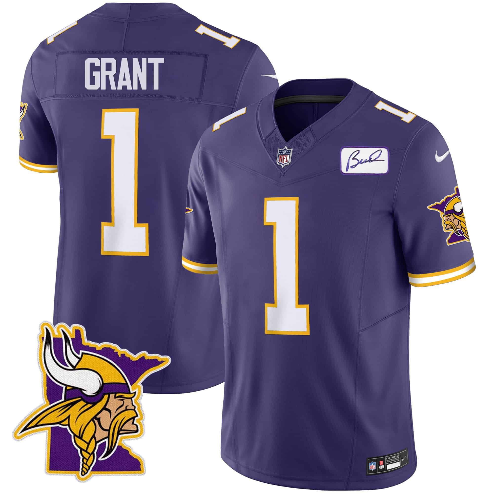 Men Minnesota Vikings #1 Grant Purple 2024 Nike Patch Classic Limited NFL Jersey style 1